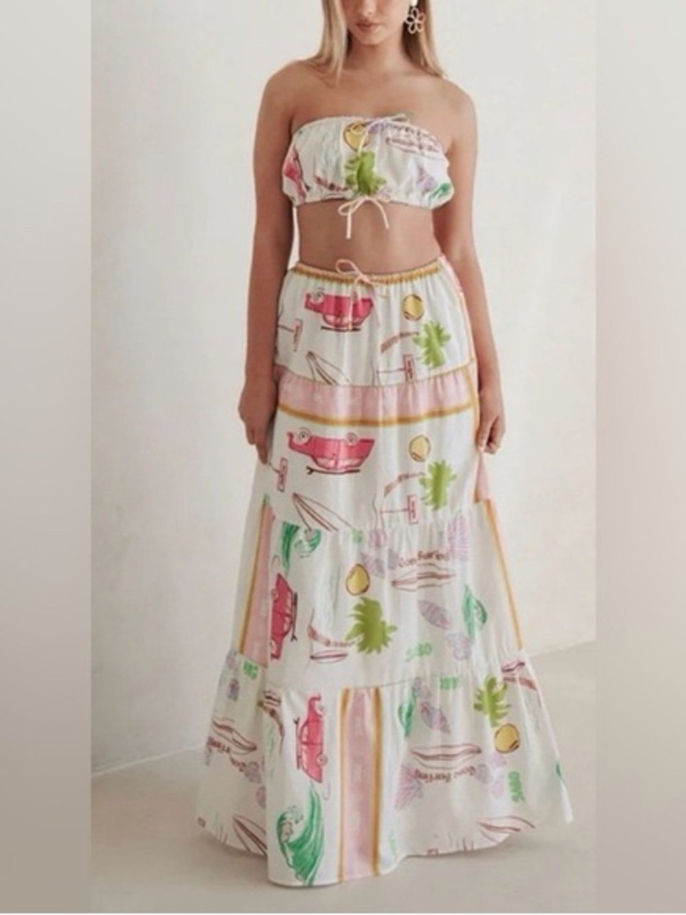 Sabo Skirt White Maxi Skirt with Pink, Green & Yellow Print